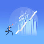 Illustration of a stock market investor observing stock indices like Sensex and Nifty through a telescope, representing market analysis and long-term investment.